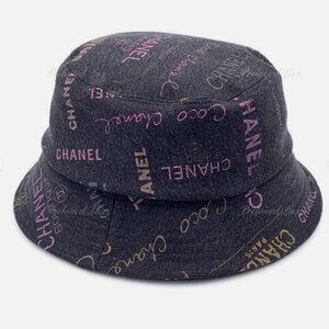 Authentic CHANEL Classic Logo Black Denim Bucket Hat 22p Medium